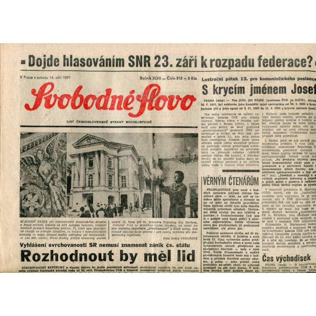 Svobodné slovo (14.9.1991) - noviny