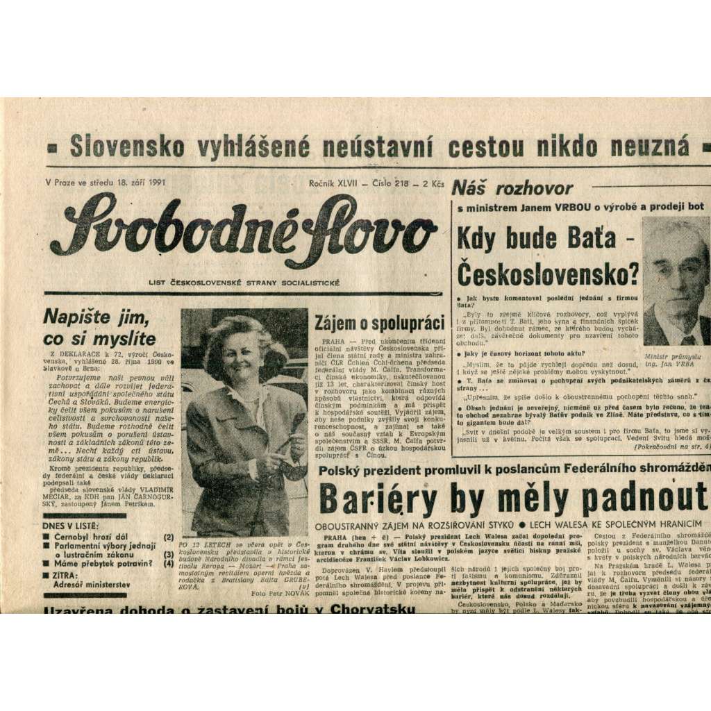 Svobodné slovo (18.9.1991) - noviny