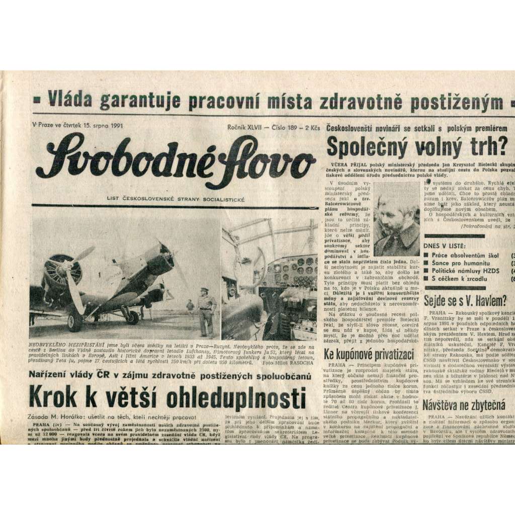 Svobodné slovo (15.8.1991) - noviny Svobodné slovo (15.8.1991) - noviny