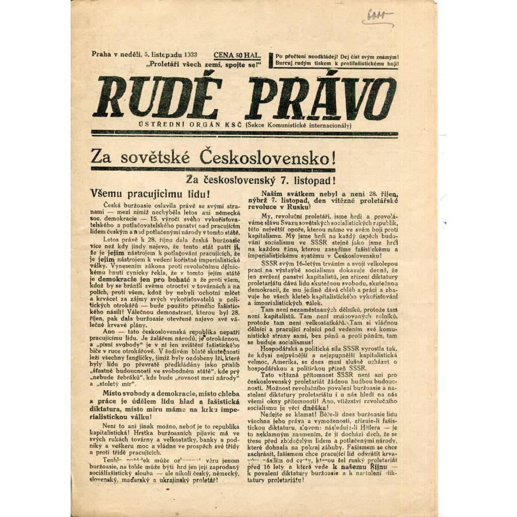 Rudé právo (5.11.1933) - 1. republika, staré noviny (ilegální vydání)