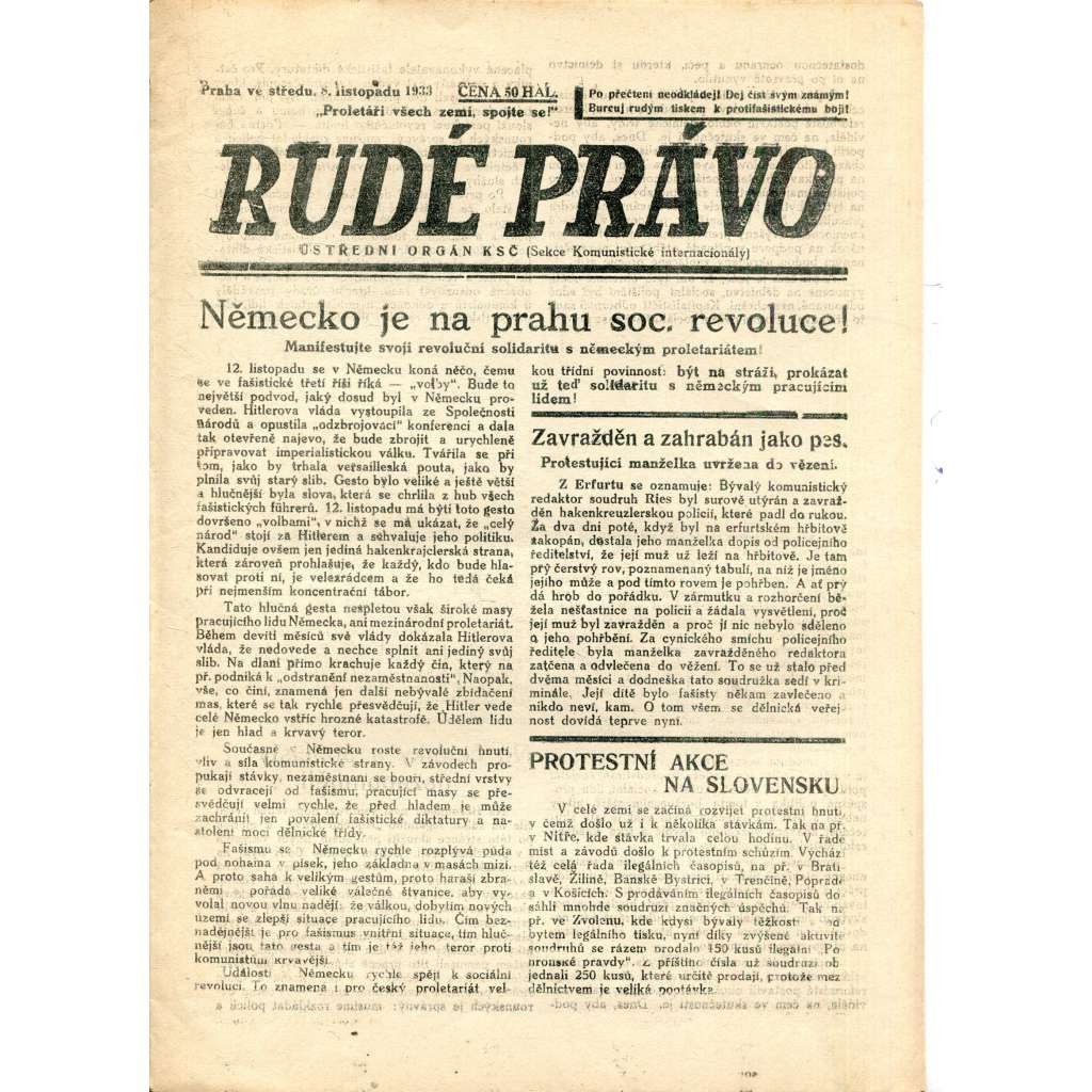 Rudé právo (8.11.1933) - 1. republika, staré noviny (ilegální vydání)