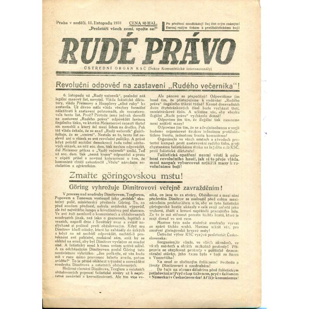 Rudé právo (12.11.1933) - 1. republika, staré noviny (ilegální vydání)