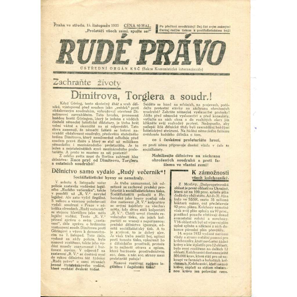 Rudé právo (15.11.1933) - 1. republika, staré noviny (ilegální vydání)