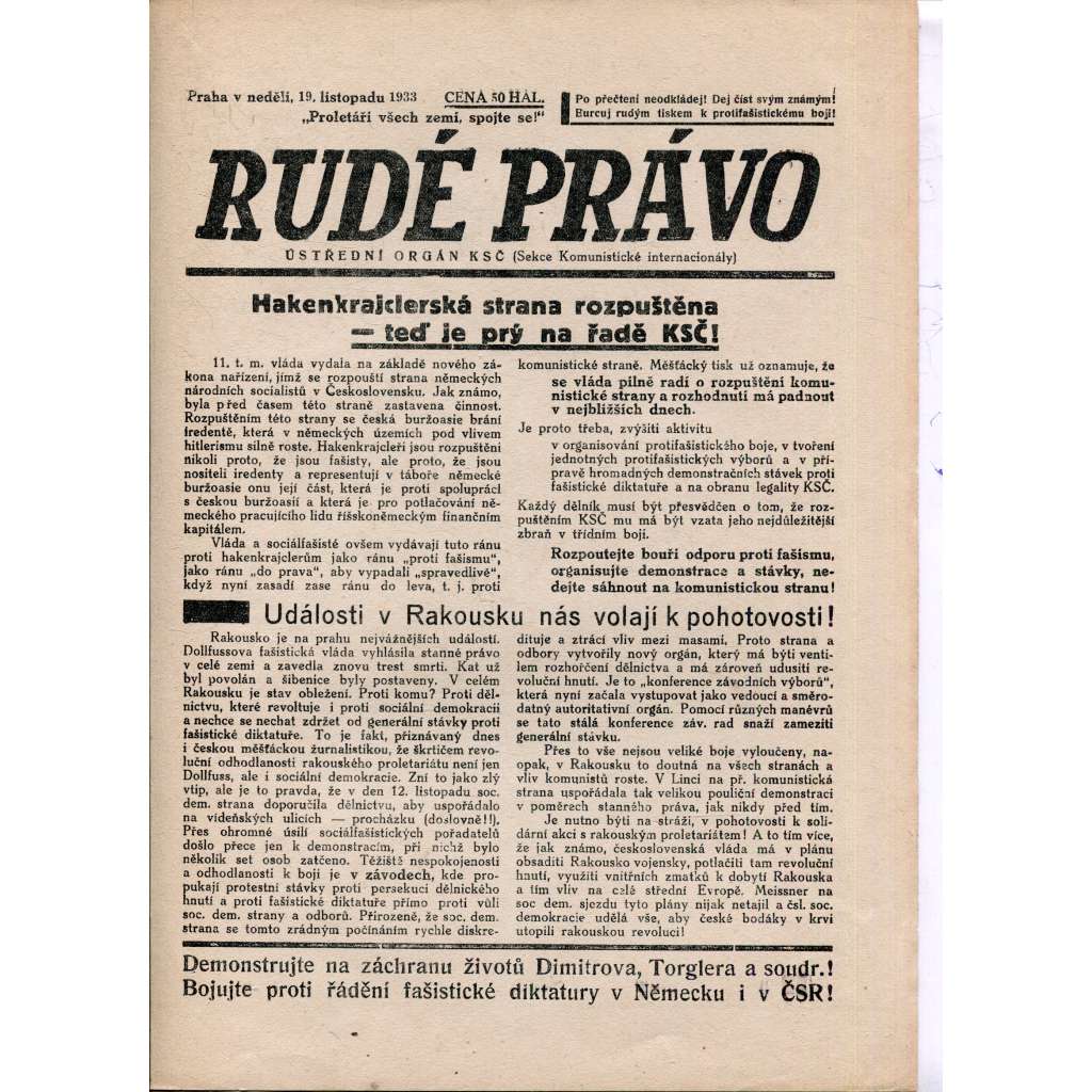 Rudé právo (19.11.1933) - 1. republika, staré noviny (ilegální vydání)
