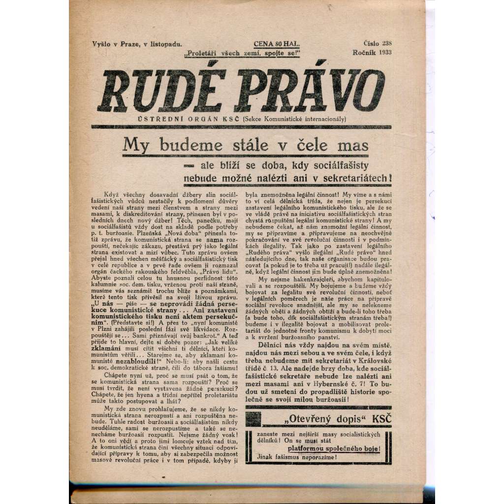 Rudé právo (listopad 1933) - 1. republika, staré noviny (ilegální vydání)