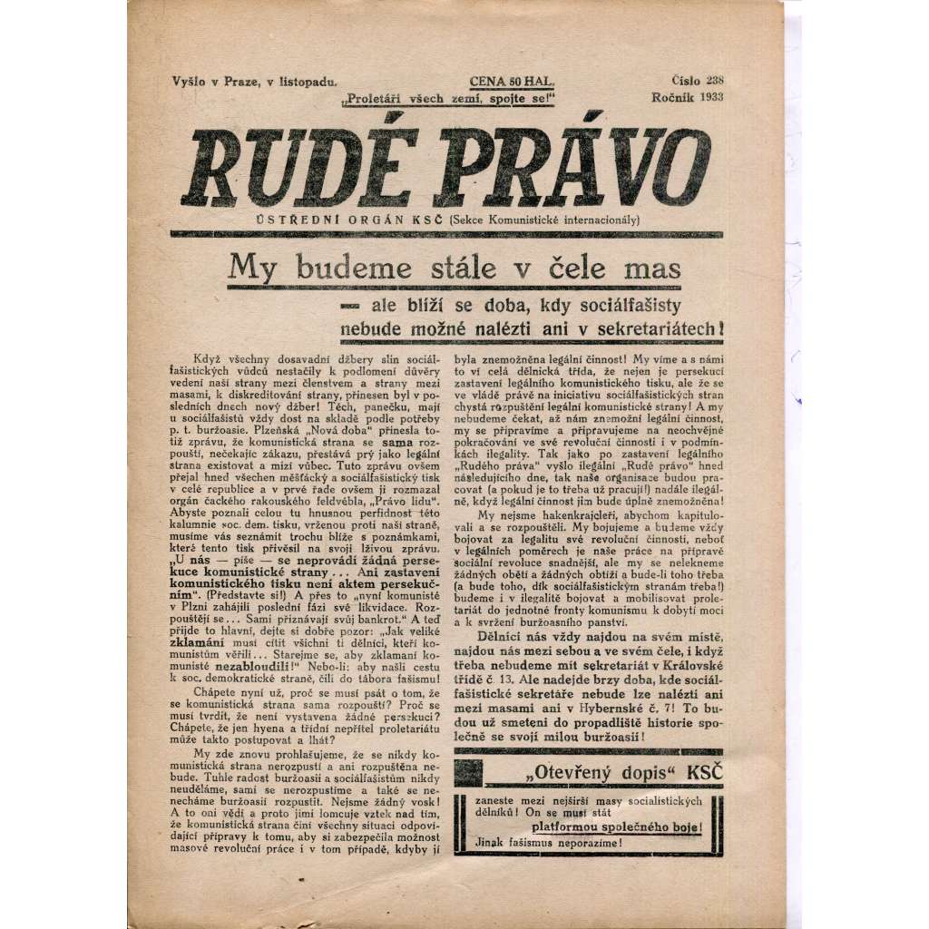 Rudé právo (listopad 1933) - 1. republika, staré noviny (ilegální vydání)