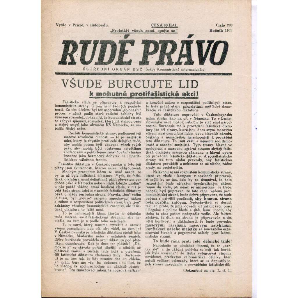 Rudé právo (listopad 1933) - 1. republika, staré noviny (ilegální vydání)