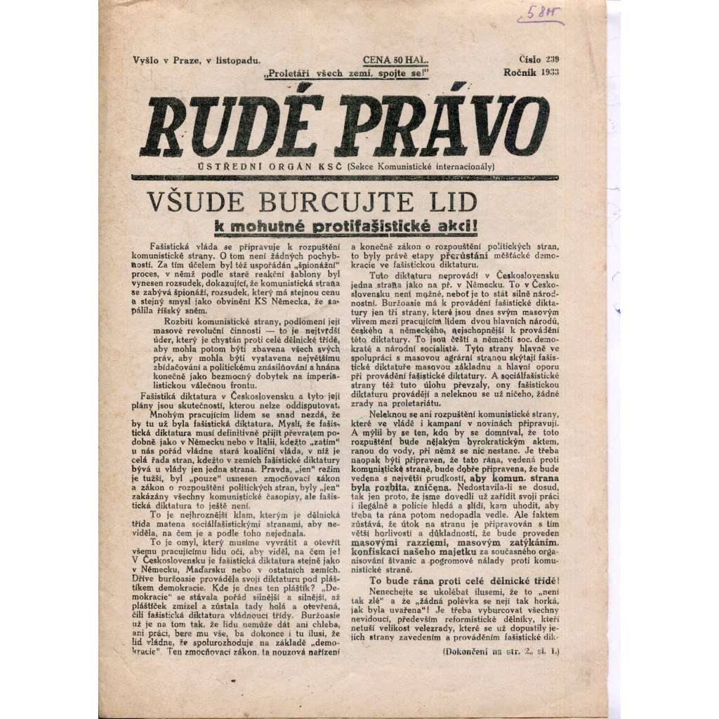 Rudé právo (listopad 1933) - 1. republika, staré noviny (ilegální vydání)
