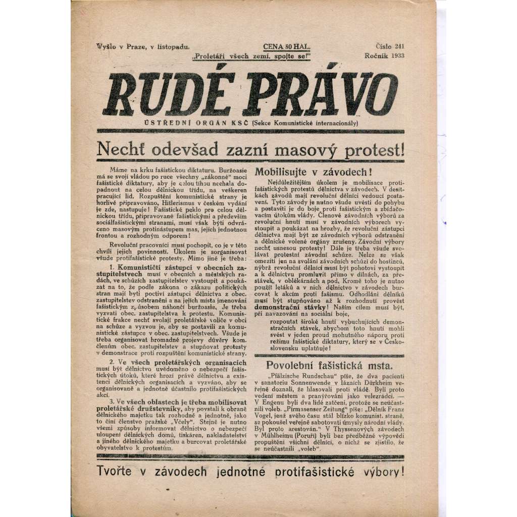 Rudé právo (listopad 1933) - 1. republika, staré noviny (ilegální vydání)