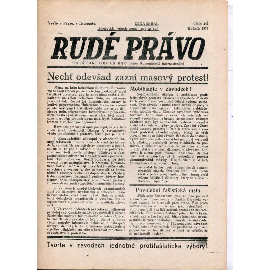 Rudé právo (listopad 1933) - 1. republika, staré noviny (ilegální vydání)
