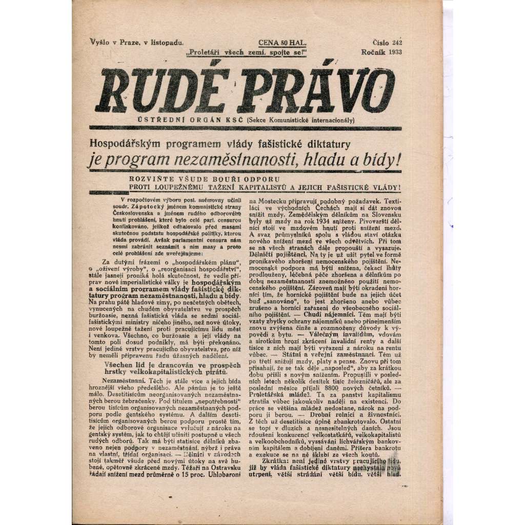 Rudé právo (listopad 1933) - 1. republika, staré noviny (ilegální vydání)