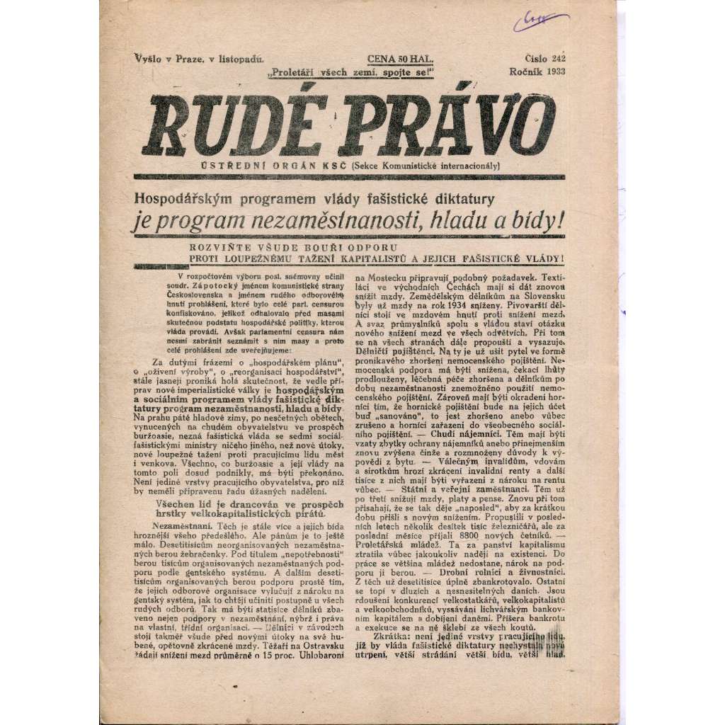 Rudé právo (listopad 1933) - 1. republika, staré noviny (ilegální vydání)