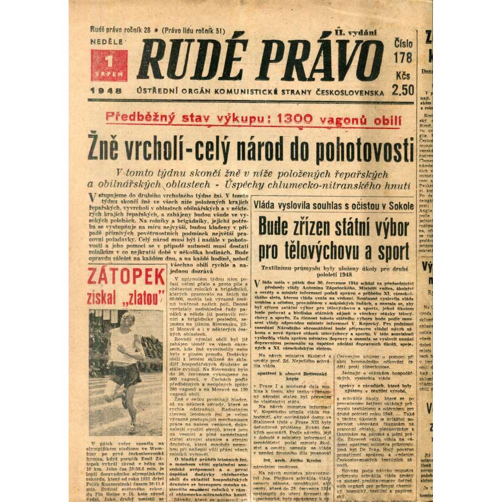 Rudé právo (1.8.1948) - staré noviny [Ústřední orgán Komunistické strany Československa]
