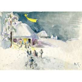 Vánoce, Betlém - akvarel Marie Fischerová-Kvěchová (přání - Vánoce 1950)