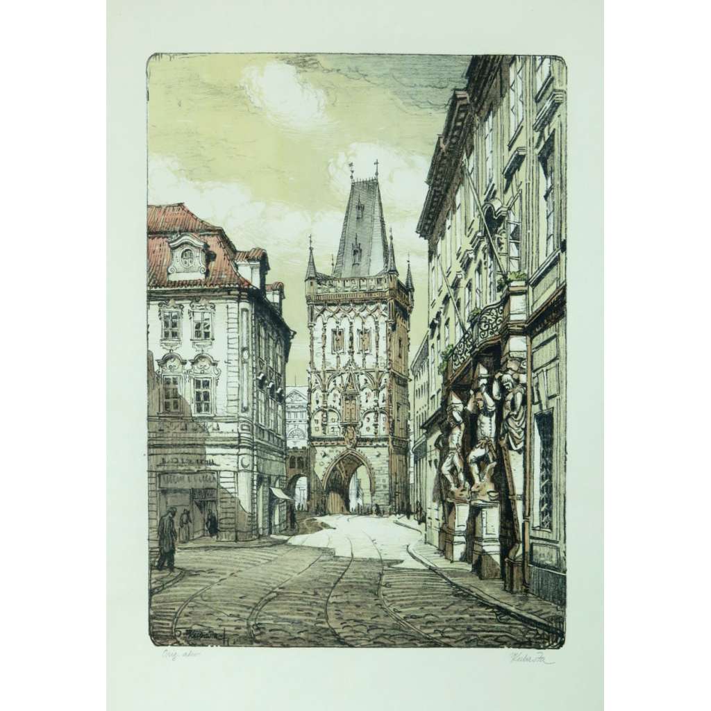 Prašná brána litografie Vojtěch Kubašta