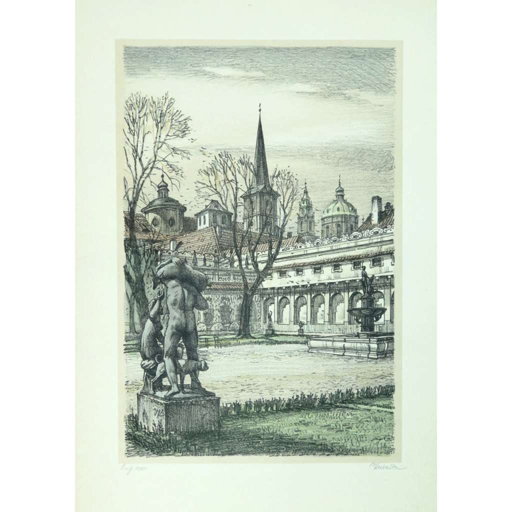 Valdštejnská zahrada litografie Vojtěch Kubašta