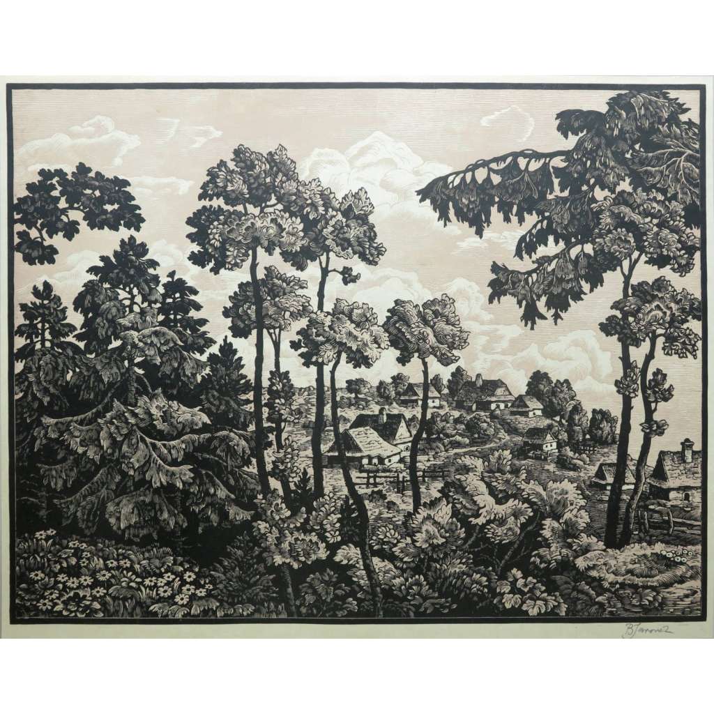 Horská dědina (Bohumír Jaroněk, dřevořez, Beskydy, Valašsko?)