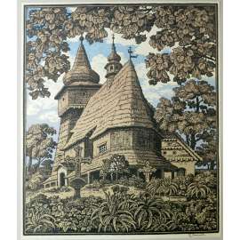 Dřevěný kostel, asi Laziska, Polsko, Slezsko - dřevořez [směr Karviná, Gorny Slask, Polska]