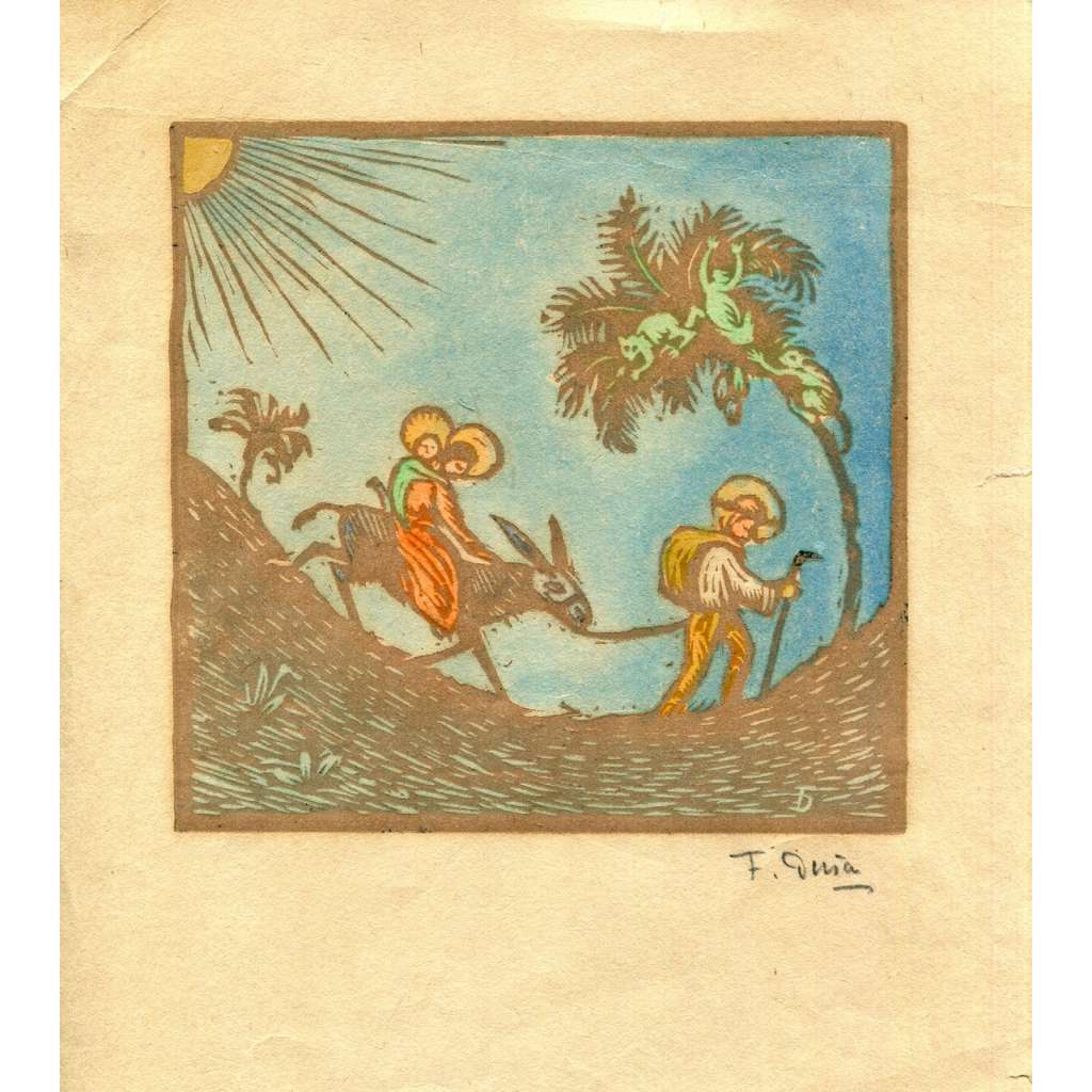 Útěk do Egypta, Ferdiš Duša, dřevoryt, podpis Útěk do Egypta, Ferdiš Duša, dřevoryt, podpis