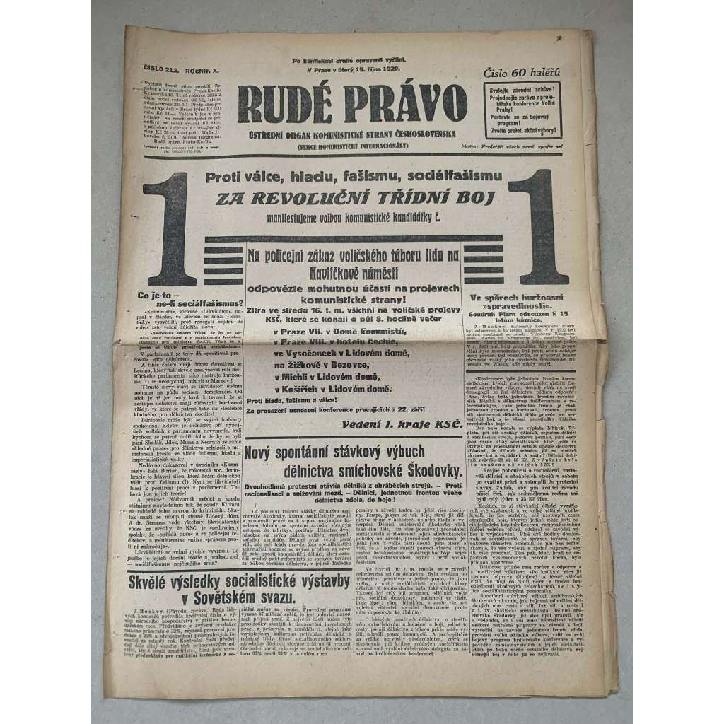 Rudé právo (15.10.1929) - 1. republika, staré noviny
