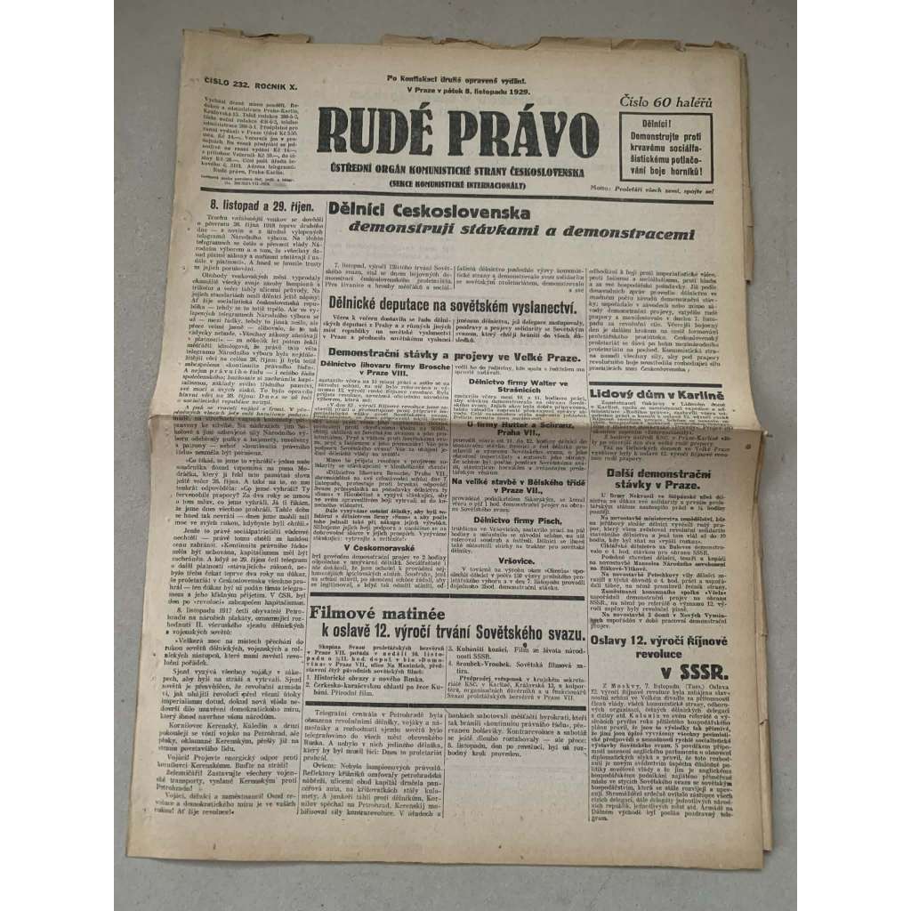 Rudé právo (8.11.1929) - 1. republika, staré noviny