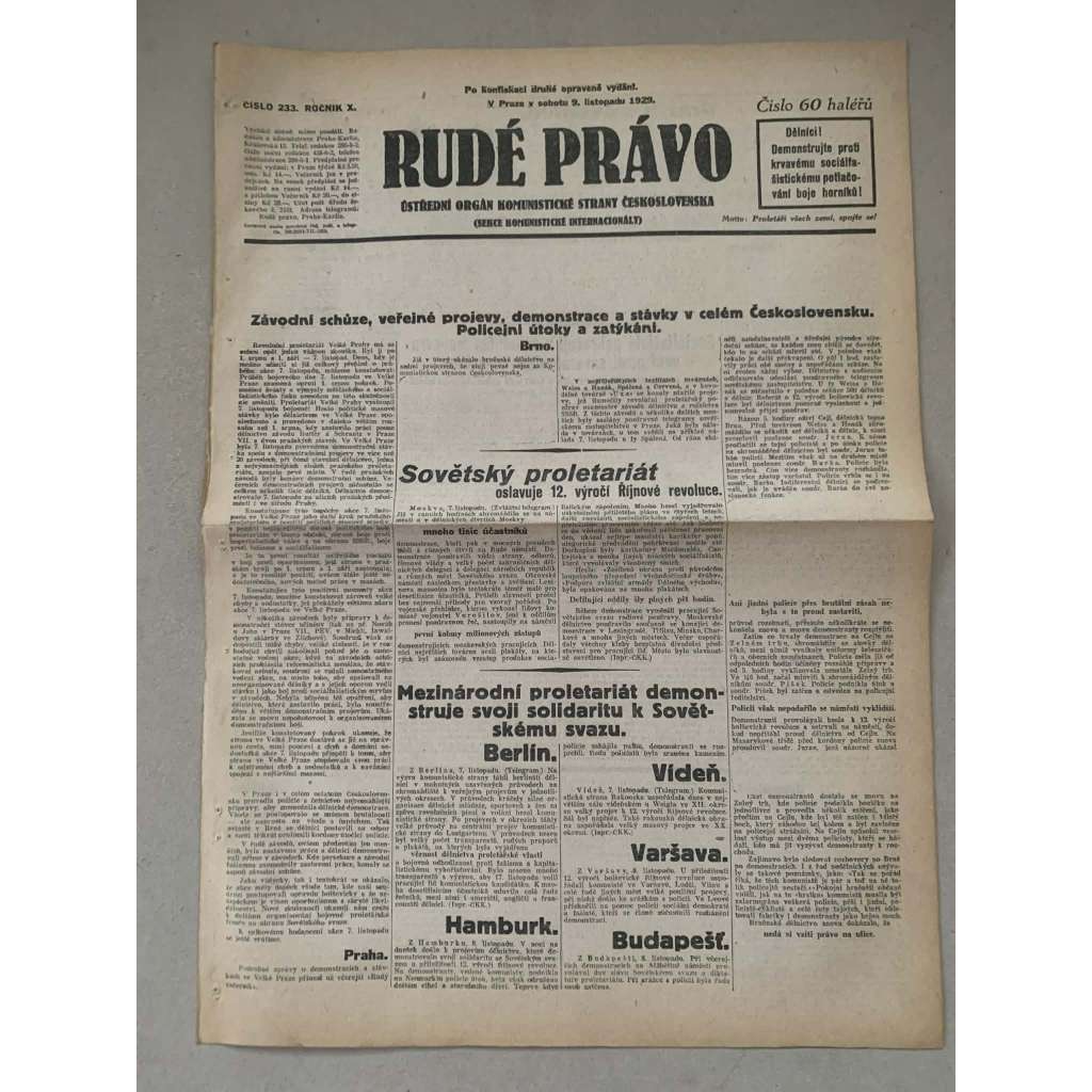 Rudé právo (9.11.1929) - 1. republika, staré noviny