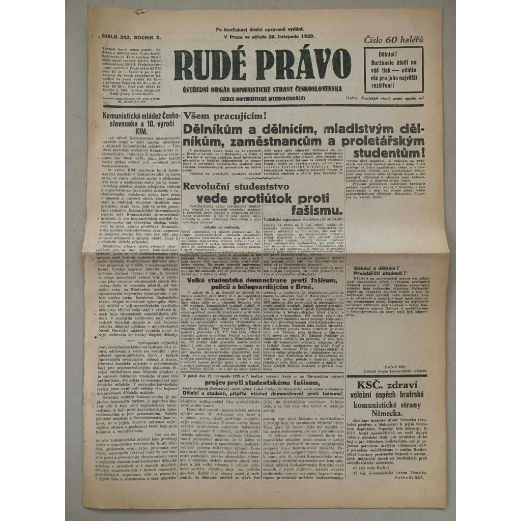 Rudé právo (20.11.1929) - 1. republika, staré noviny