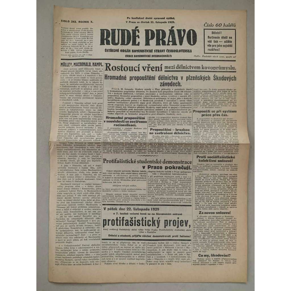 Rudé právo (21.11.1929) - 1. republika, staré noviny