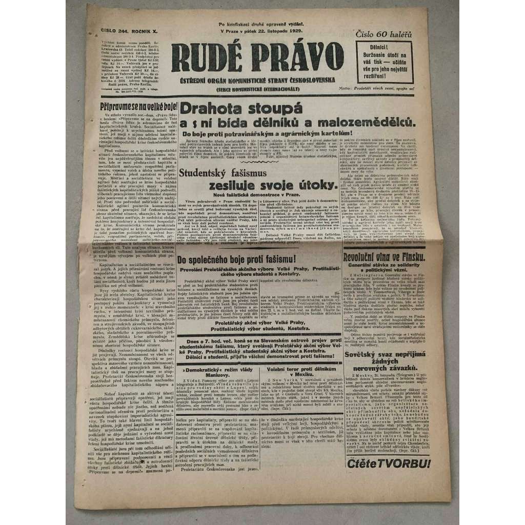 Rudé právo (22.11.1929) - 1. republika, staré noviny