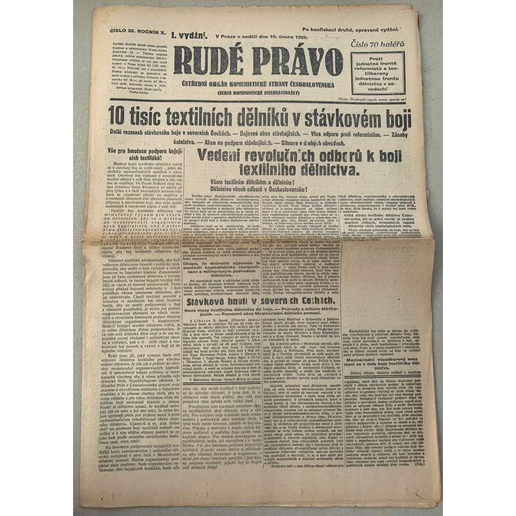Rudé právo (10.2.1929) - 1. republika, staré noviny