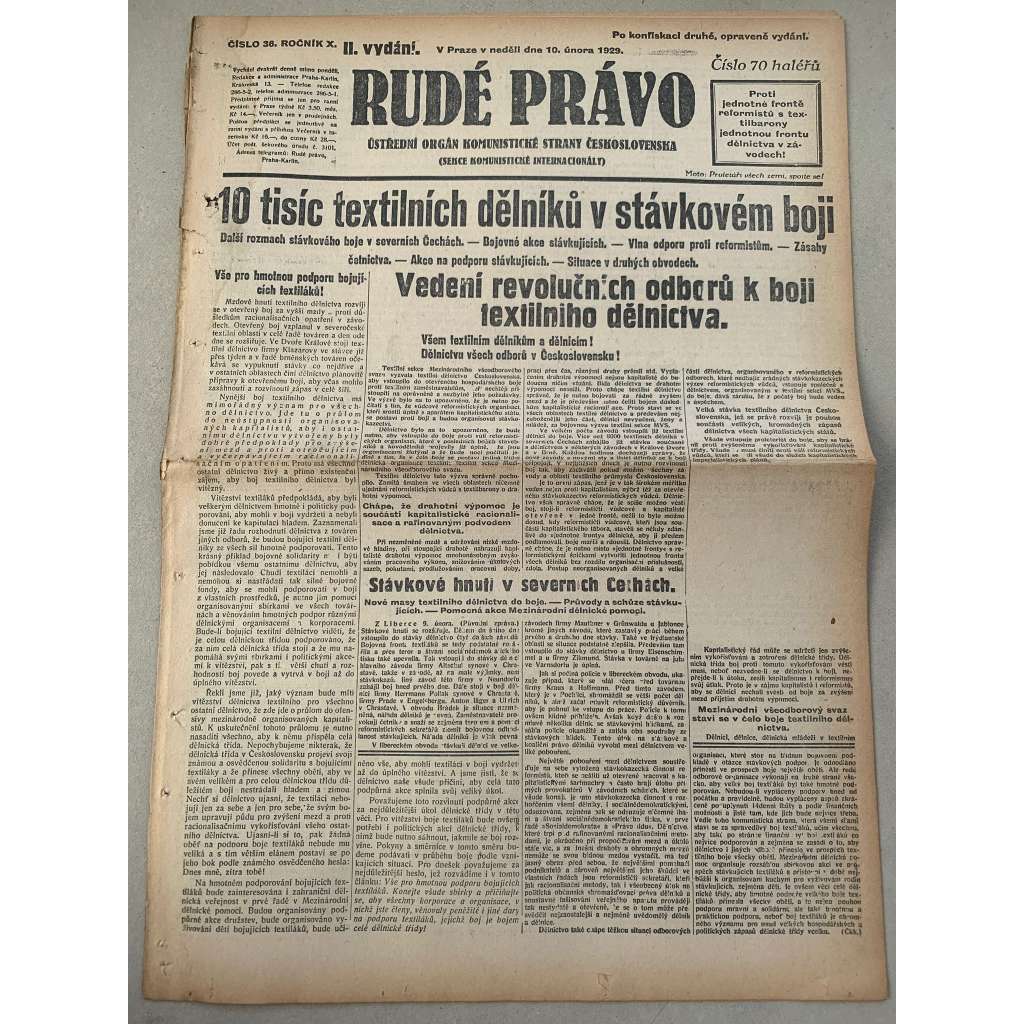 Rudé právo (10.2.1929) - 1. republika, staré noviny