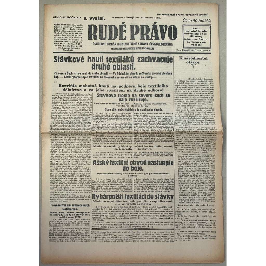 Rudé právo (12.2.1929) - 1. republika, staré noviny