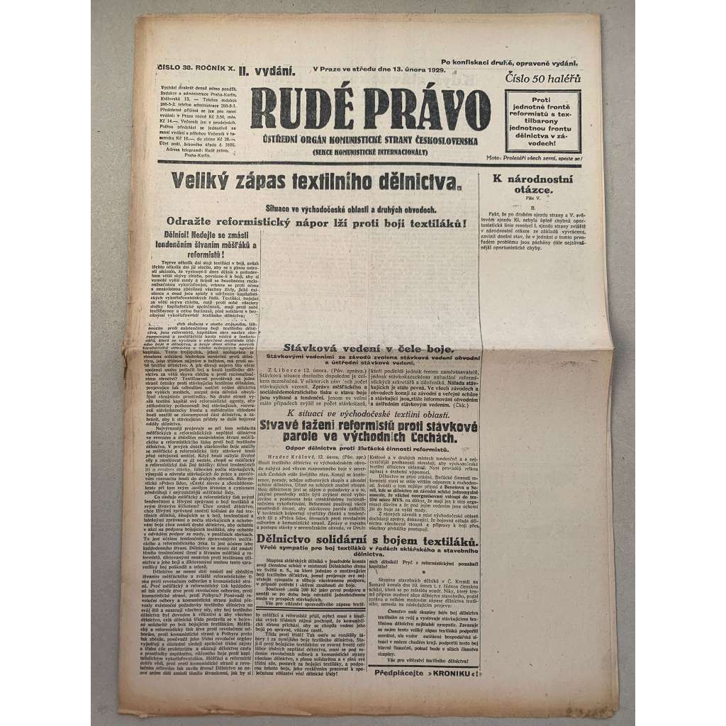 Rudé právo (13.2.1929) - 1. republika, staré noviny