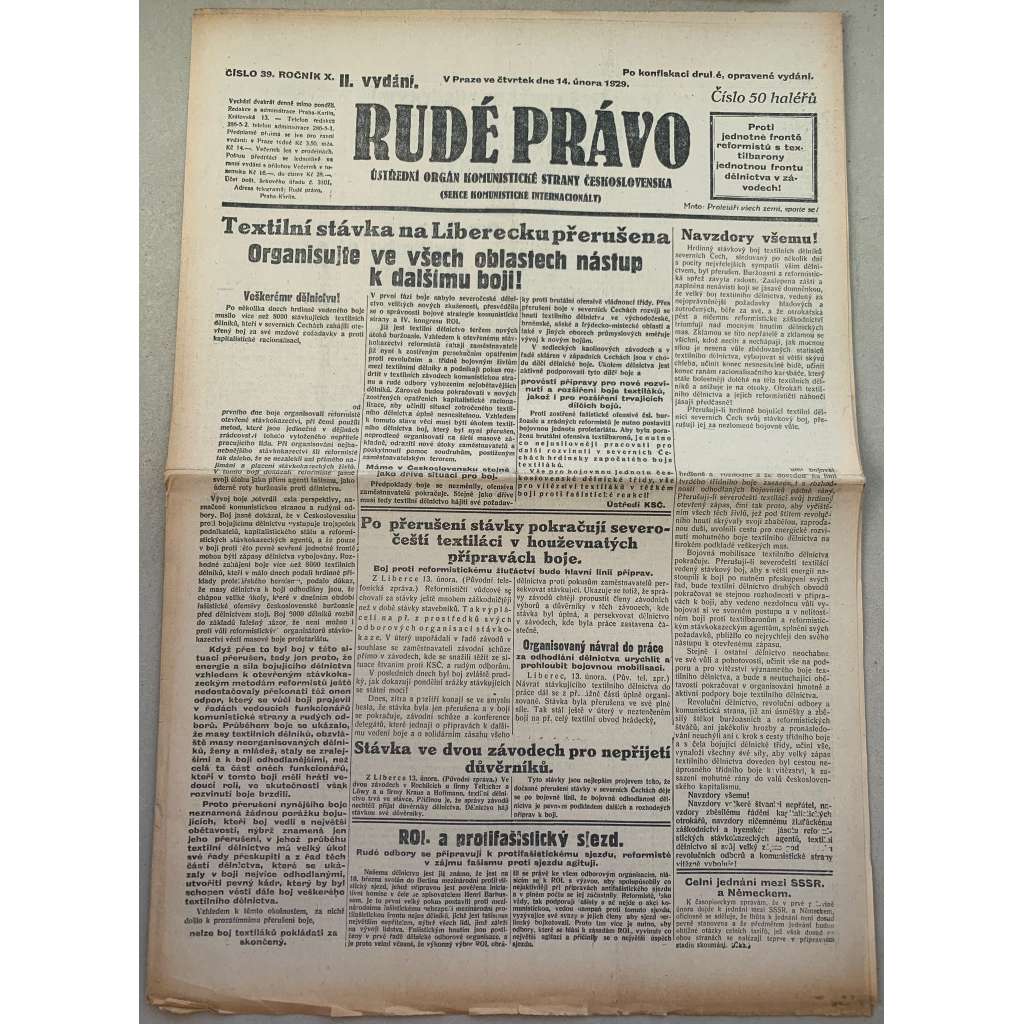 Rudé právo (14.2.1929) - 1. republika, staré noviny