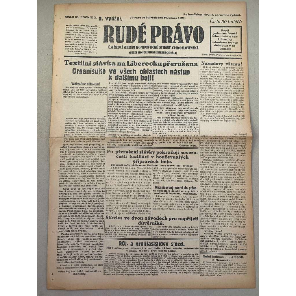 Rudé právo (14.2.1929) - 1. republika, staré noviny