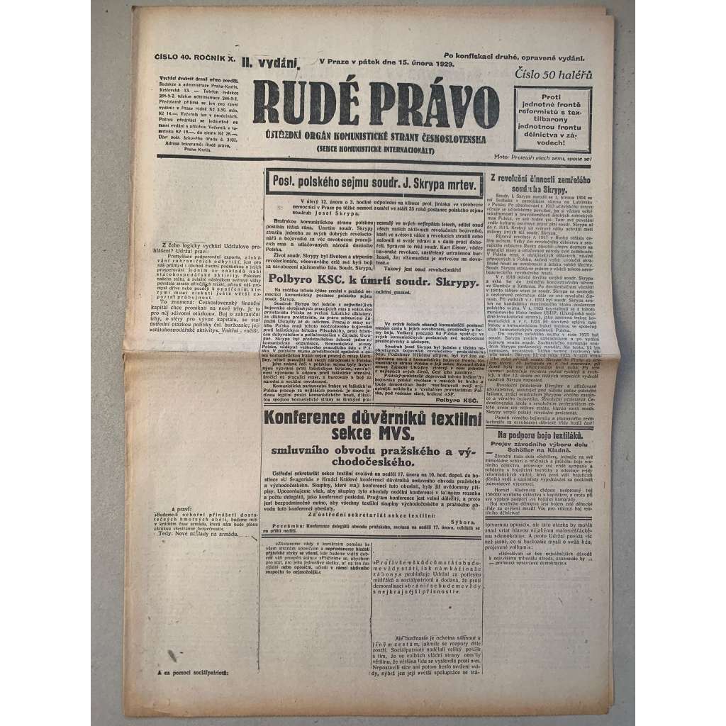 Rudé právo (15.2.1929) - 1. republika, staré noviny Rudé právo (15.2.1929) - 1. republika, staré noviny