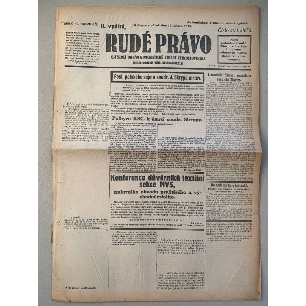 Rudé právo (15.2.1929) - 1. republika, staré noviny Rudé právo (15.2.1929) - 1. republika, staré noviny