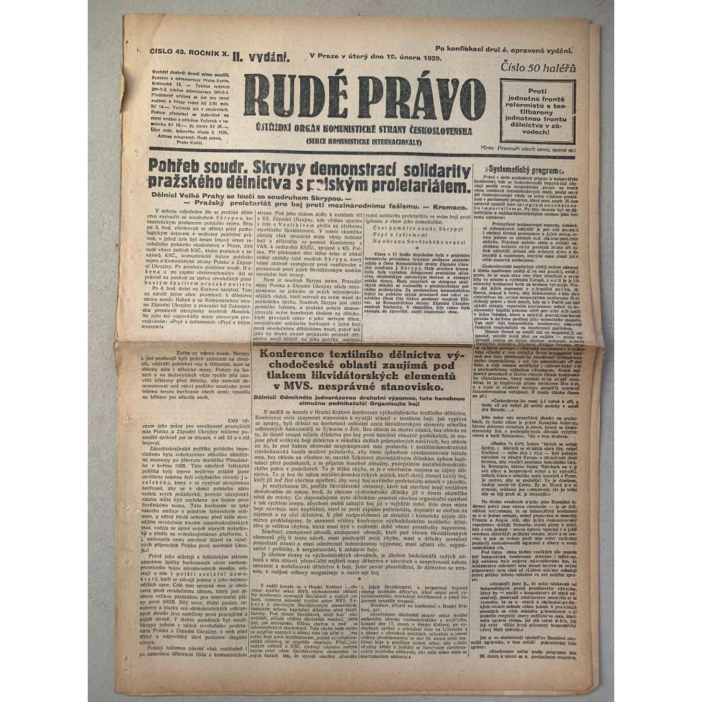 Rudé právo (19.2.1929) - 1. republika, staré noviny Rudé právo (19.2.1929) - 1. republika, staré noviny