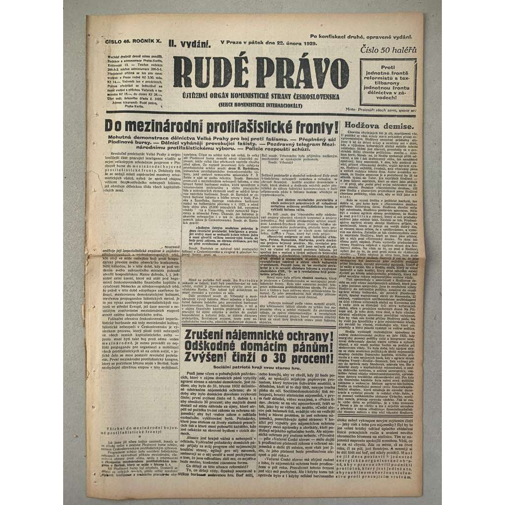 Rudé právo (22.2.1929) - 1. republika, staré noviny