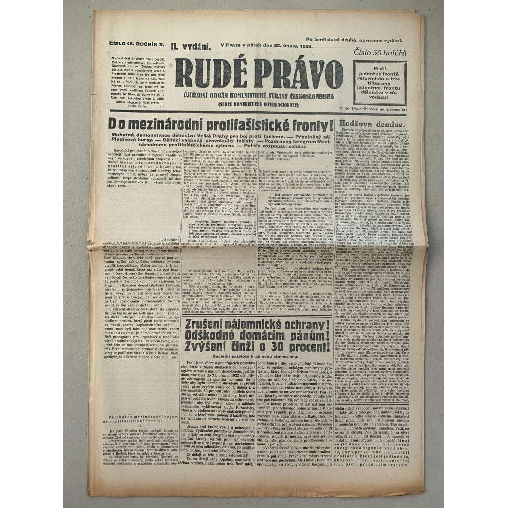 Rudé právo (22.2.1929) - 1. republika, staré noviny