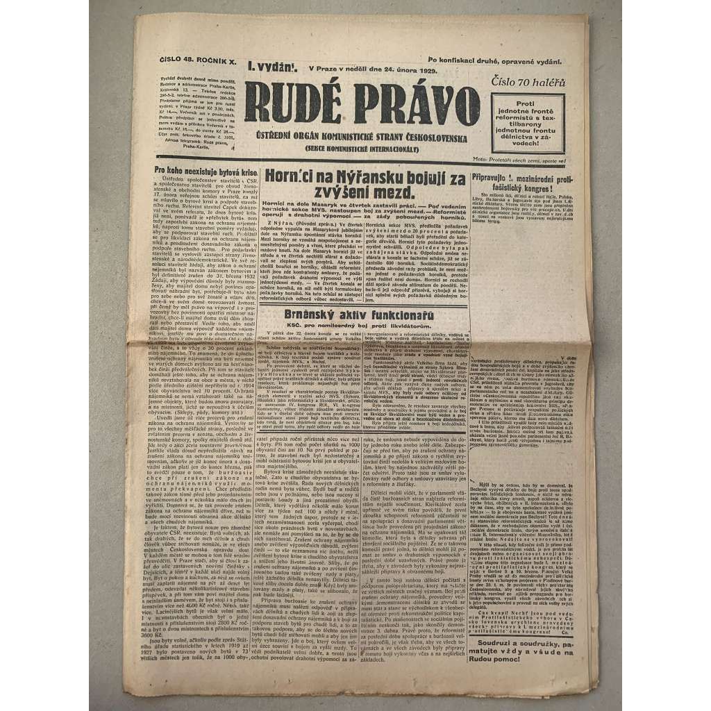 Rudé právo (24.2.1929) - 1. republika, staré noviny
