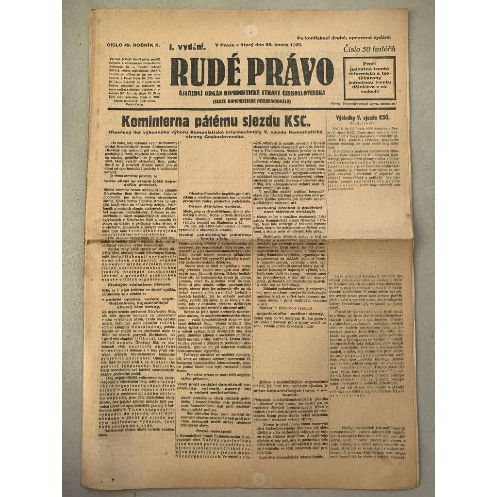 Rudé právo (26.2.1929) - 1. republika, staré noviny