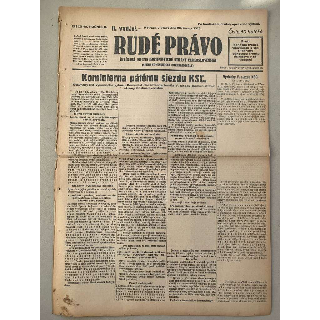 Rudé právo (26.2.1929) - 1. republika, staré noviny