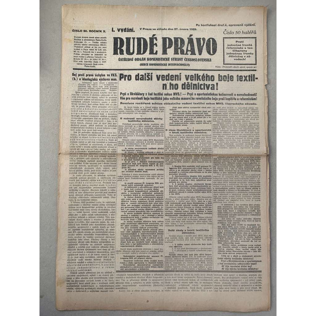 Rudé právo (27.2.1929) - 1. republika, staré noviny