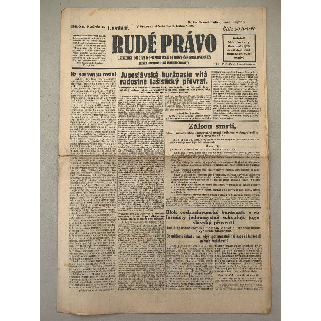 Rudé právo (9.1.1929) - 1. republika, staré noviny Rudé právo (9.1.1929) - 1. republika, staré noviny