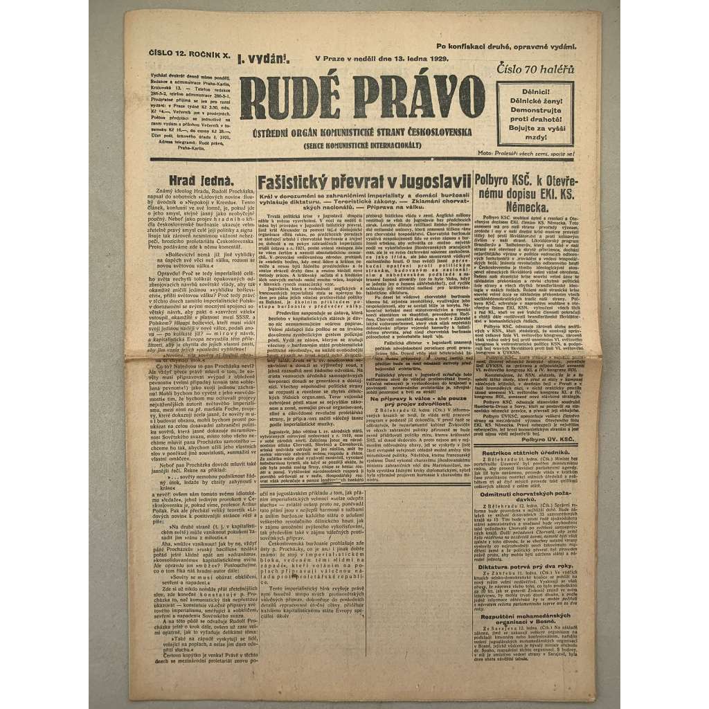 Rudé právo (13.1.1929) - 1. republika, staré noviny Rudé právo (13.1.1929) - 1. republika, staré noviny