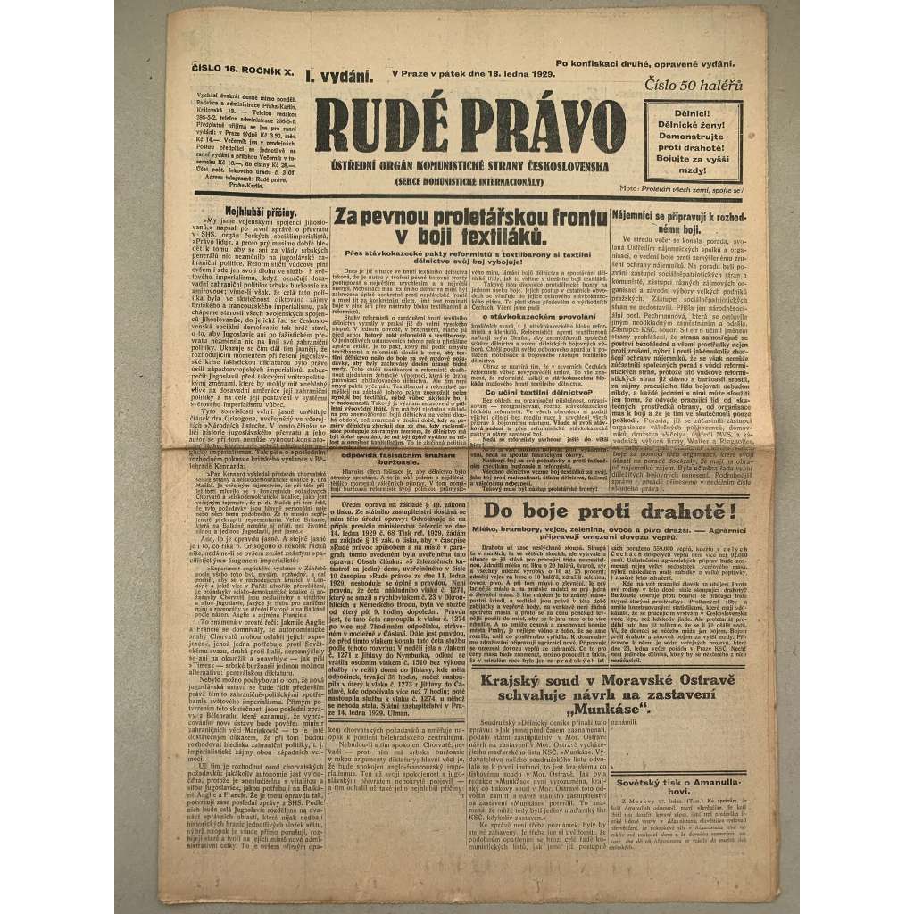 Rudé právo (18.1.1929) - 1. republika, staré noviny