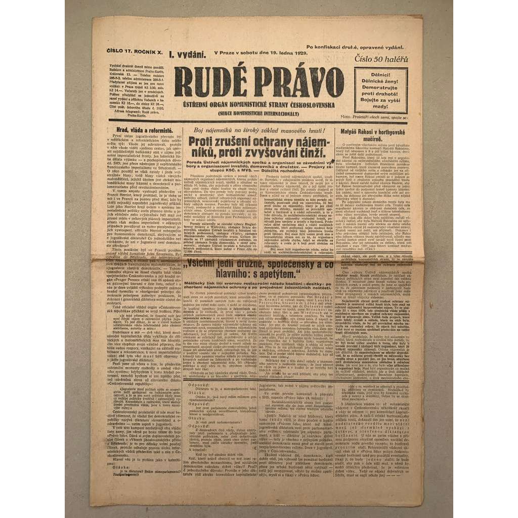 Rudé právo (19.1.1929) - 1. republika, staré noviny
