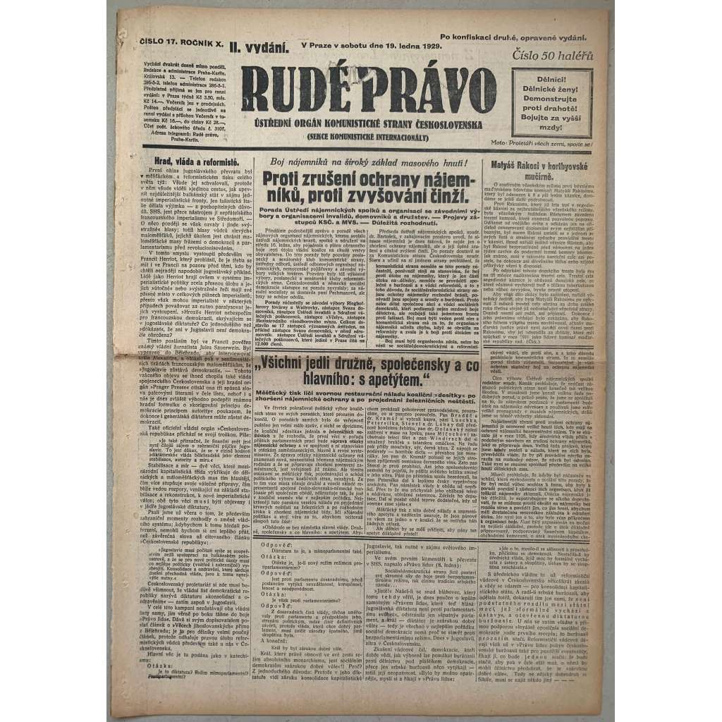 Rudé právo (19.1.1929) - 1. republika, staré noviny