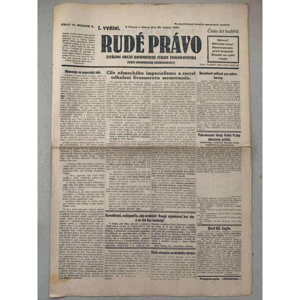Rudé právo (22.1.1929) - 1. republika, staré noviny Rudé právo (22.1.1929) - 1. republika, staré noviny